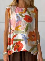 Floral Cotton And Linen Casual Tank Top - thumbnail