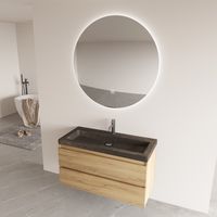 Fontana Freestone badkamermeubel warm eiken 100cm met natuurstenen wastafel 1 kraangat en ronde spiegel