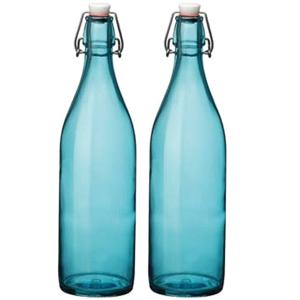 Bormioli rocco waterfles met beugeldop - Set van 2x stuks - turquoise transparant - 1000 ml - Giara