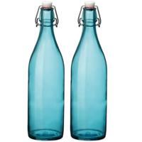 Bormioli rocco waterfles met beugeldop - Set van 2x stuks - turquoise transparant - 1000 ml - Giara - thumbnail