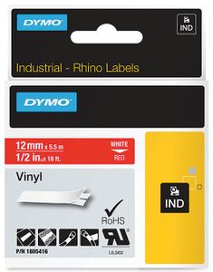 Dymo RHINO vinyltape 12 mm, wit op rood