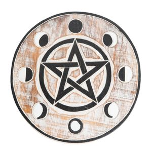 Houten Muurdecoratie - Pentagram & Maanfasen - Rond (ca 24 x 2 cm)