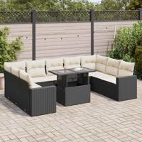 10-delige Loungeset met kussens poly rattan zwart