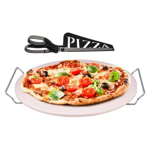 Pizzasteen BBQ/oven rond keramiek 33 cm met handvaten en zwarte pizzaschaar - Pizzaplaten