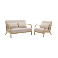 sweeek - 2-zitsbank + beige stoffen en houten fauteuil