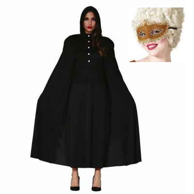 Carnaval gemaskerd bal verkleed set - Oogmasker goud - Lange cape met capuchon zwart - dames