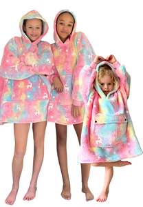 Fleece deken met mouwen & capuchon - kind - unicorn - Glow in the dark