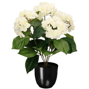 Hortensia kunstplant/kunstbloemen 40 cm - wit - in pot zwart glans