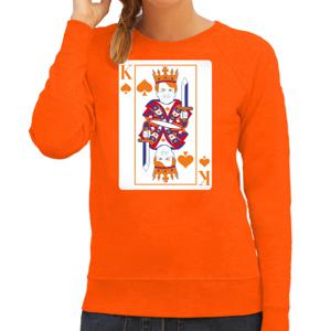Bellatio Decorations Koningsdag sweater voor dames - kaarten koning - oranje - feestkleding 2XL  -