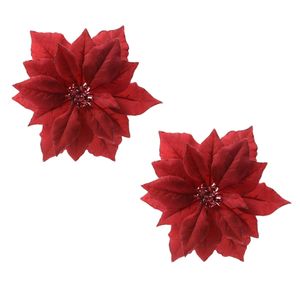 2x stuks decoratie bloemen kerstster rood glitter op clip 24 cm