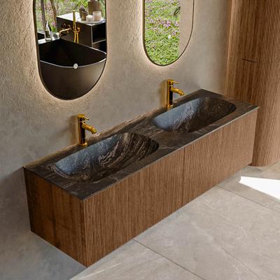 Mondiaz KURVE-DLUX 150 cm Onderkast Greeploos 2 Lades Zonder Deuren Walnut, Wastafel Solid Surface Dubbel Lava 2 Kraangaten Zonder Spiegel (KRVSTS1502L0D2KD-Wal/Lav)