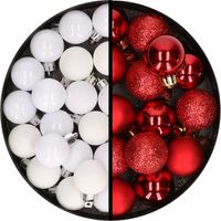 34x stuks kunststof kerstballen wit en rood 3 cm - thumbnail