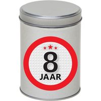 Zilver bewaarblik/opbergblik 13 cm met 8 jaar sticker - thumbnail