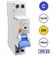 Aardlekautomaat 25A C KAR 100mA 2 polig 18mm breed Kema Keur 230V automaat en aardlek in een module