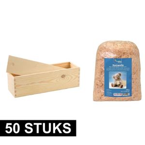50x Houten wijnkist/verpakking met schuifdeksel/1000 gr. houtwol
