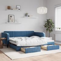 Slaapbank met onderschuifbed en lades 100x200 cm fluweel blauw