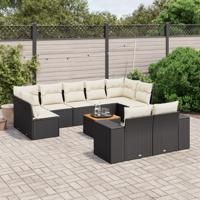 10-delige Loungeset met kussens poly rattan zwart