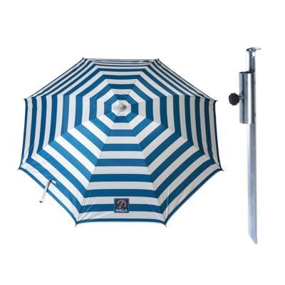 Parasol met metalen grondharing - blauw met wit gesteept - polyester - Dia 165 cm - verstelbaar
