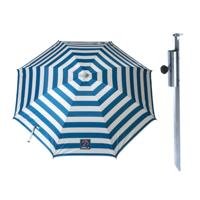 Parasol met metalen grondharing - blauw met wit gesteept - polyester - Dia 165 cm - verstelbaar
