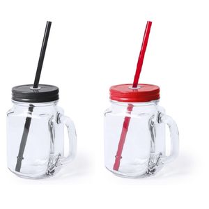 Set van 4x glazen drinkbekers dop/rietje 500 ml zwart/rood