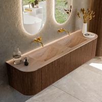 Badmeubel Mondiaz Kurve-Dlux | 180 cm | Meubelkleur Walnut | Wastafelkleur Saba | Solid surface | Wasbak beide zijden spoelbak | Zonder kraangat(en)