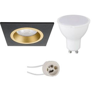 LED Spot Set - Aigi - Pragmi Rodos Pro - GU10 Fitting - Inbouw Vierkant - Mat Zwart/Goud - 6W - Warm Wit 3000K - 93mm