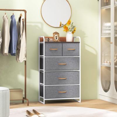 Commode met 5 Laden Opbergkast met Stoffen Vouwladen Massief Stalen Frame en Houten Blad voor Hal Garderobe Slaapkamer
