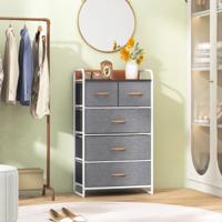 Commode met 5 Laden Opbergkast met Stoffen Vouwladen Massief Stalen Frame en Houten Blad voor Hal Garderobe Slaapkamer