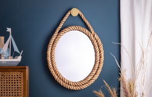 Maritieme wandspiegel SEVEN SEAS 60cm natuurlijk ovaal frame met gouden touwophanging - 43471