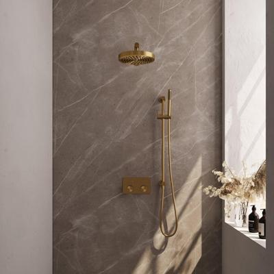 BRAUER Stripe Thermostatische Inbouw Regendouche - drukknoppen - 25cm douchekop - rechte muurarm - staaf handdouche - doucheslang - geïntegreerde glijstang - goud geborsteld PVD 5-GG-425