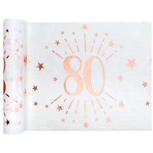 Tafelloper op rol - 2x - 80 jaar verjaardag - wit/rose goud - 30 x 500 cm - polyester