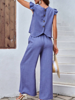 Women's Buckle Plain Daily Two-Piece Set Blue Casual Summer Top With Pants