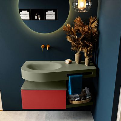 MONDIAZ RIVA 100cm badmeubel onderkast / planchet kleur Fire met 1 lade. Wastafel DULCET links 0 kraangaten kleur Army.
