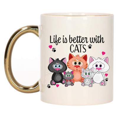 Cadeau koffie/thee mok - life is better with cats - gouden oor - poesen