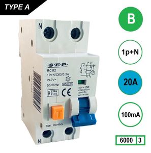 SEP Aardlekautomaat 20A B Kar 100mA 2 polig 36mm RCM2 Kema Keur 230V automaat en aardlek in een