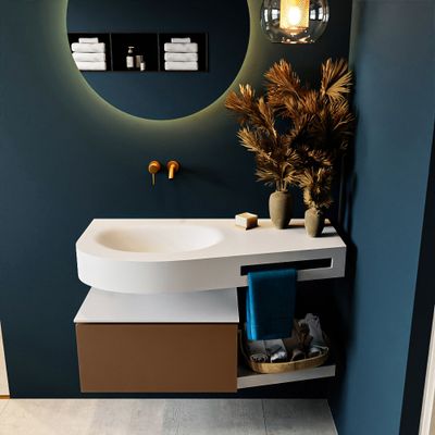 MONDIAZ RIVA 100cm badmeubel onderkast / planchet kleur Rust met 1 lade. Wastafel DULCET links 0 kraangaten kleur Talc.