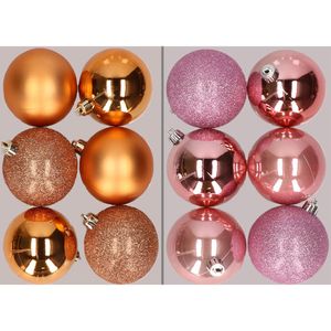 12x stuks kunststof kerstballen mix van koper en roze 8 cm   -