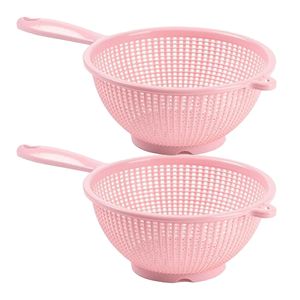 Keuken vergiet/zeef met steel - 2x - kunststof - Dia 24 cm x Hoogte 11 cm - roze