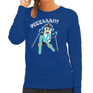 Apres ski sweater dames - pizzaaa - blauw - wintersport - snowboarden - pinguin - pizzapunt