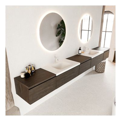 Mondiaz Bukla 340cm badmeubel met module 60 dark brown 5 lades met wastafel dubbel 2 kraangaten kleur talc