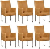 Set van 6 Cognac leren moderne eetkamerstoelen Spark - poot rond rvs met wiel - Kenia Leer Cognac (cognac leer)