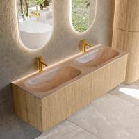 Badmeubel Mondiaz Kurve-Dlux | 150 cm | Meubelkleur Oak | Wastafelkleur Saba | Solid surface | Wasbak beide zijden spoelbak | 2 kraangaten