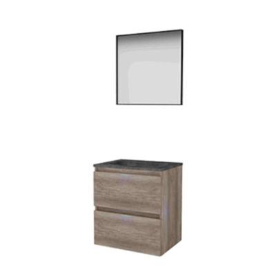Basic-Line Framed 46 Badkamermeubelset - 60 x 46 cm - Greeploos - 2 Lades - Hardstenen Wastafel - 1 Kraangat - Spiegel met Zwart Aluminium Frame - Scotch Oak