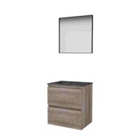Basic-Line Framed 46 Badkamermeubelset - 60 x 46 cm - Greeploos - 2 Lades - Hardstenen Wastafel - 1 Kraangat - Spiegel met Zwart Aluminium Frame - Scotch Oak