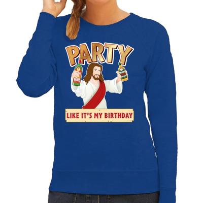 Foute kersttrui - Jesus Party like it is my birthday - blauw - voor dames - kerstkleding
