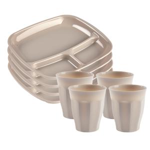 Servies van kunststof - 8x vakjesborden en 8x drinkbekers - beige