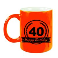 Happy Birthday 40 years met wimpel cadeau mok / beker neon oranje 330 ml - verjaardagscadeau - feest mokken - thumbnail