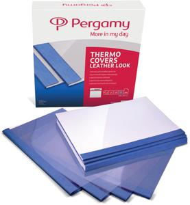 Pergamy thermische omslagen, ft A4, karton lederlook, rug van 6 mm, pak van 100 stuks, blauw
