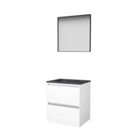 Basic-Line Framed 46 Badkamermeubelset - 60 x 46 cm - Greeploos - 2 Lades - Hardstenen Wastafel - 1 Kraangat - Spiegel met Zwart Aluminium Frame - Ice White