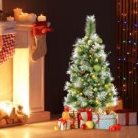 90cm Voorverlichte Mini Kunstkerstboom Tafeldecoratie op Batterijen 98 Gevlokte Dennennaalden Dennenappels 30 Warmwitte LED-Lampjes